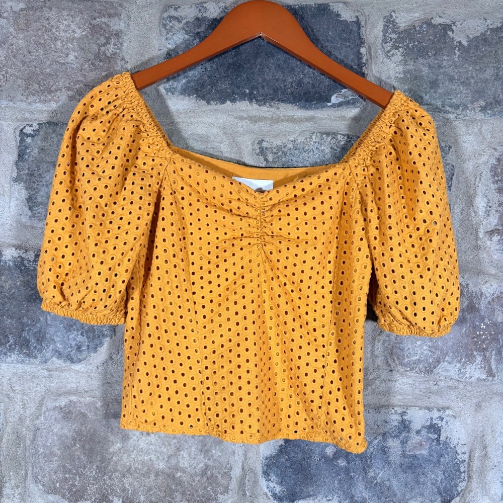 H&M Eyelet Square Neck Puff Sleeve Crop Top Mustard Yellow XXS Coquette Side Zip